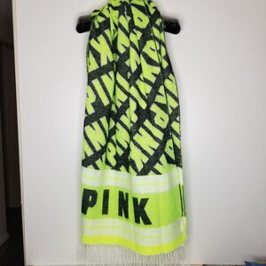 PINK Victoria's Secret Stadium Fringed Scarf Neon Yellow Black‎